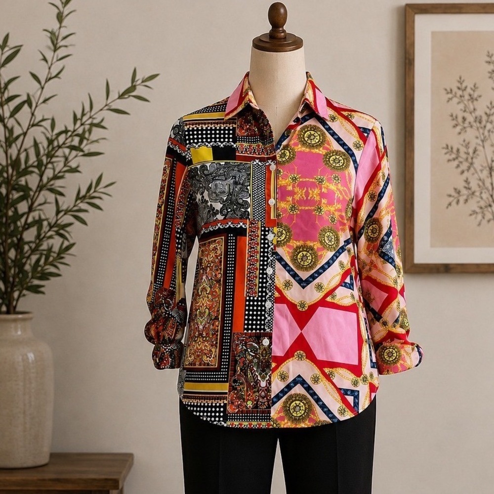 Mia Womens Patchwork Paisley Baroque Chain Print Button Down Tunic Shirt Small